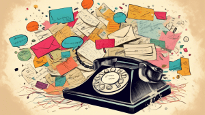 A vintage postcard with a makeover montage, showing a messy pile of handwritten letters transforming into a sleek, modern smartphone with chat bubbles.