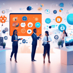 Create an image featuring a modern, futuristic office setting where business professionals are collaborating on various tasks. In the center, showcase a sleek digital board displaying logos and icons