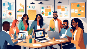 Create an image depicting a diverse group of entrepreneurs in a modern, collaborative workspace. They are engaged in activities that symbolize affordable business strategies, such as brainstorming wit
