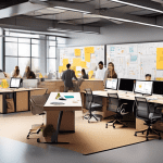 Create an image of a modern office space where diverse teams are collaborating seamlessly. Depict dynamic charts, digital boards, and innovative tools reflecting agile methodologies. Highlight element