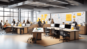 Create an image of a modern office space where diverse teams are collaborating seamlessly. Depict dynamic charts, digital boards, and innovative tools reflecting agile methodologies. Highlight element