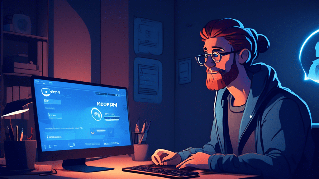 A frustrated user sitting at their computer desk, displaying a NordVPN login screen with an error message. The background shows a cozy, dimly-lit room with various tech gadgets, and blue light emphasi