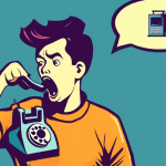 A frustrated pixelated person yelling into a retro rotary phone with a confused thought bubble above their head that shows a jumbled voicemail icon.