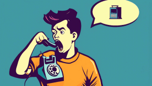 A frustrated pixelated person yelling into a retro rotary phone with a confused thought bubble above their head that shows a jumbled voicemail icon.