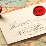 A vintage envelope with a red wax seal, addressed to Twilio in elegant calligraphy, floating above a blurry map of interconnected global networks.