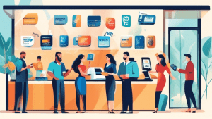Create an image featuring a friendly, modern business environment with a digital payment terminal displaying the Authorize.Net logo on the screen. Show a diverse group of people, including small busin