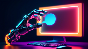 A robot hand reaching out to touch a glowing chat bubble on a computer screen.