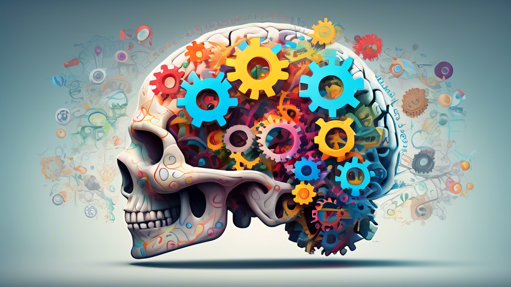 A brain with gears inside its transparent skull connected to a Google search bar, with keywords swirling around it, in the style of surrealism.