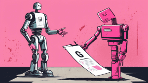 A robot hand holding a pink slip in front of a distressed Google employee with the Google logo in the background.