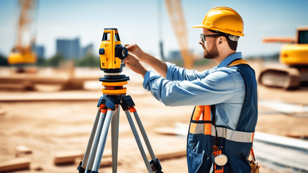 Create an image of a surveyor using a level surveying instrument on a construction site. Show detailed landscape with elevation markers, construction blueprints, and clear weather. The scene should co