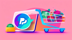 A hand holding a magnifying glass over a smartphone displaying the PayPal Pay Later logo, with a split background showing a shopping cart on one side and a piggy bank on the other.