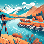 A detailed illustration of a person holding a digital camera, capturing a scenic moment in nature. The background shows a vibrant panorama of mountains, forests, and a river under a clear blue sky. Ov