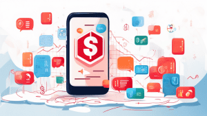 Create an illustration of a smartphone with a chat app open, sending SMS messages, all shown in front of a backdrop of dollar signs, graphs, and charts. The image should visually represent the concept