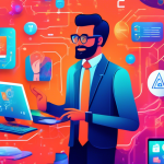 A detailed illustration of a business professional engaging with a supportive AI assistant representing Zapier, surrounded by colorful icons of various software applications being seamlessly connected
