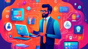 A detailed illustration of a business professional engaging with a supportive AI assistant representing Zapier, surrounded by colorful icons of various software applications being seamlessly connected