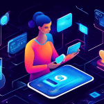 Create an illustration of a person using iCanPay, a modern payment solution, in a sleek and futuristic setting. The person is seamlessly making a payment using their smartphone while holographic icons