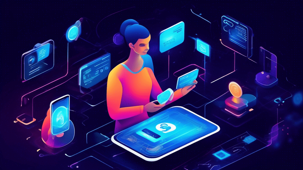 Create an illustration of a person using iCanPay, a modern payment solution, in a sleek and futuristic setting. The person is seamlessly making a payment using their smartphone while holographic icons