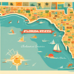 Create a detailed illustration of the Florida state map highlighting the areas covered by the 727 area code, with landmarks such as beaches, cityscapes, palm trees, and a sunset over the Gulf of Mexic
