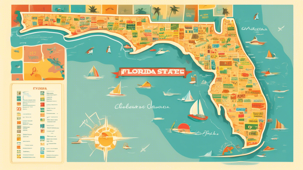 Create a detailed illustration of the Florida state map highlighting the areas covered by the 727 area code, with landmarks such as beaches, cityscapes, palm trees, and a sunset over the Gulf of Mexic
