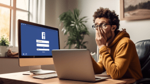 Create an image depicting a user confused while encountering a 'Facebook Password Required' popup on their computer screen. The setting should be a cozy home office with a cluttered desk. The computer
