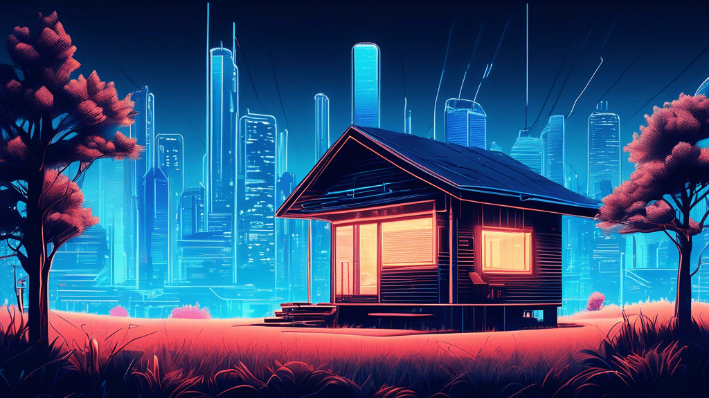 Create an image that juxtaposes a complex, highly detailed futuristic cityscape teeming with technology and neon lights against a serene, minimalist countryside scene with a simple, small wooden cabin