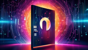 A futuristic door with a universal credit card slot glowing as the keyhole, surrounded by digital data streams.