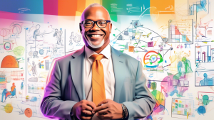 Create an image of Billy Gene standing in front of a whiteboard filled with colorful diagrams and marketing strategies, while a diverse group of enthusiastic entrepreneurs take notes eagerly. The back