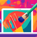A hand coming out of a computer screen holding a paintbrush updating a Google profile picture with a playful, colorful background