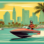 A vintage postcard overlooking a sunny waterfront cityscape with palm trees and a speedboat pulling a water skier, text overlay reads Greetings from Area Code 727.
