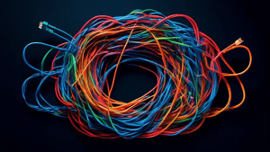 A chaotic and tangled mess of ethernet cables forming the shape of the Xfinity logo in front of a glowing laptop screen.
