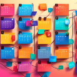 A chaotic and colorful calendar interface with Zoom logos popping out of meeting slots, tangled wires connecting different app icons like Google Calendar and Outlook.
