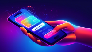 A hand reaching out to tap a glowing smartphone screen with the words iCanPay and a simplified payment process visualized on a vibrant, futuristic interface.