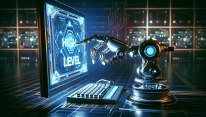 A robotic arm writing a blog post on a futuristic computer with the words HighLevel glowing on the screen.