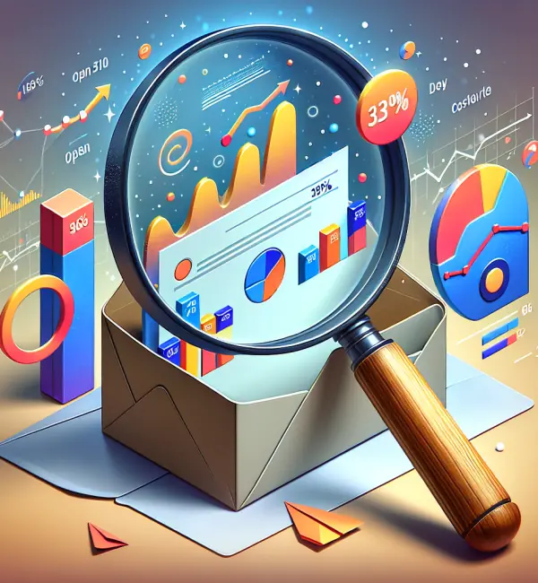 A magnifying glass hovering over an email inbox with detailed graphs and charts emerging from the open email, showcasing metrics like open rates, click-through rates, and conversion funnels.