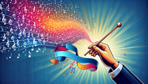 A hand with a conductor's baton overflowing with musical notes, with a free banner flying around it and copyright symbols fading into the background.