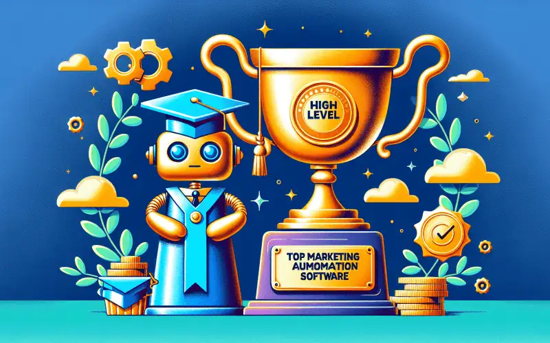 A golden trophy with the words Top Marketing Automation Software engraved on it, with a robot wearing a graduation cap holding up a banner that reads HighLevel next to the trophy.