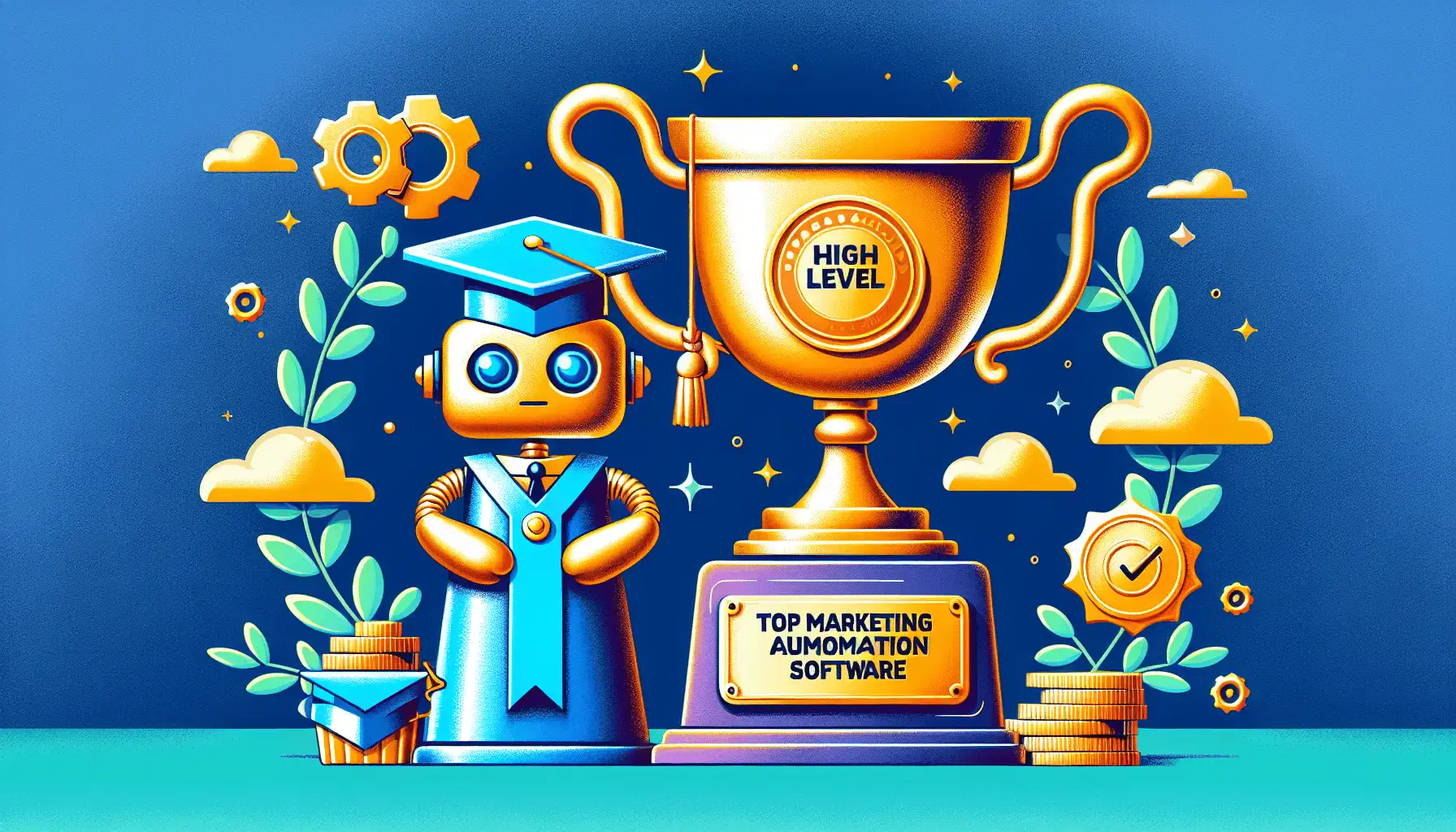 A golden trophy with the words Top Marketing Automation Software engraved on it, with a robot wearing a graduation cap holding up a banner that reads HighLevel next to the trophy.