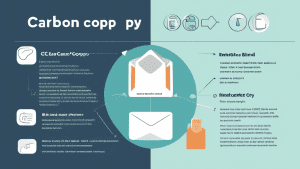 An illustrated infographic showing the differences between BCC and CC in email etiquette. The image should include two sections: one labeled CC (Carbon Cop