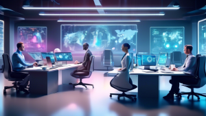 A futuristic office environment with sleek, advanced robotic and AI technologies seamlessly automating various tasks, enhancing productivity. Modern busine