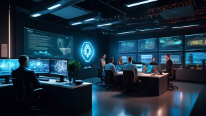 A modern, sleek office environment where a group of focused entrepreneurs is gathered around a large table filled with laptops displaying cybersecurity sof