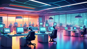 A futuristic office filled with sleek robots and advanced machines efficiently performing everyday tasks such as filing documents, answering phones, and or