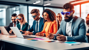 A group of business professionals in an office setting while one person secretly uses BCC (Blind Carbon Copy) on an email, with others looking confused and
