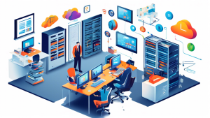 Create an image that showcases a modern office with various elements representing key components of a solid IT foundation: advanced servers, a network secu