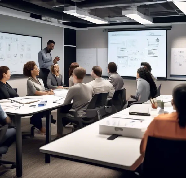 An image of a diverse group of employees in a modern office setting, attentively participating in a collaborative training session. There are visual elemen
