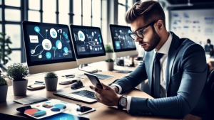 An image of a stylish young professional at a desk, surrounded by multiple mobile devices like smartphones and tablets, with marketing charts, graphs, and
