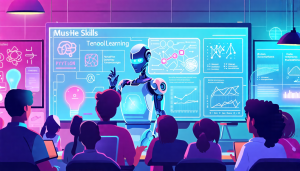 A futuristic classroom filled with diverse students and holographic displays, each student engaged with cutting-edge technology displays showing machine le