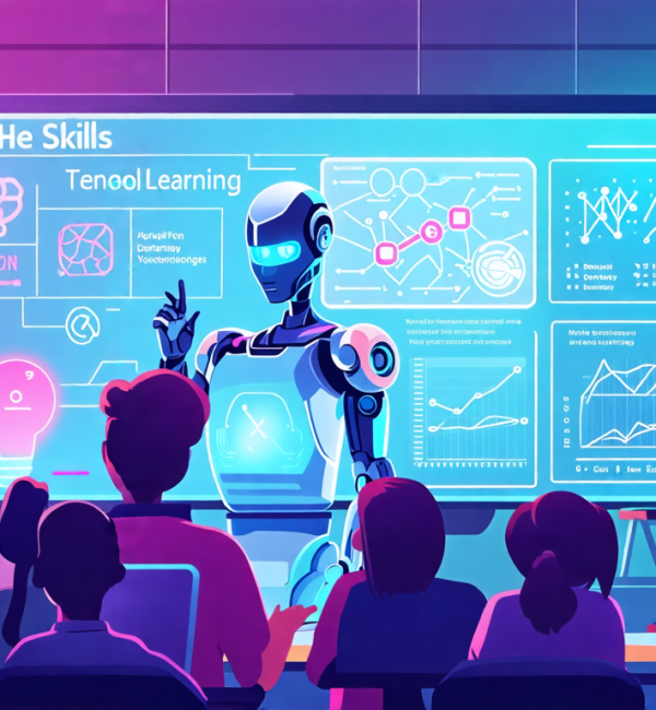 A futuristic classroom filled with diverse students and holographic displays, each student engaged with cutting-edge technology displays showing machine le
