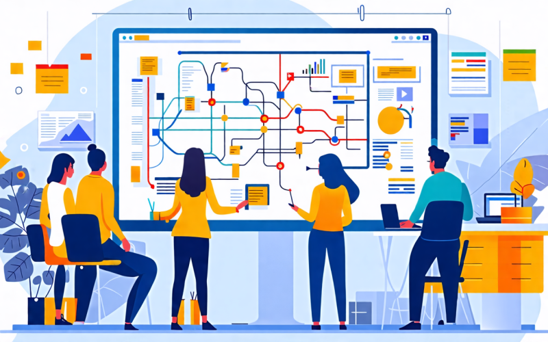 Create an image of a modern office environment with a diverse team of professionals collaborating on a project. Include elements like a whiteboard with min