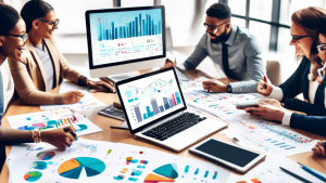 Create an image featuring a vibrant modern business setting with a diverse team gathered around a table, analyzing graphs and charts related to customer ex