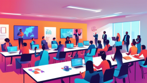 An illustration of a diverse group of employees engaged in various training methods such as virtual reality simulations, hands-on workshops, online courses